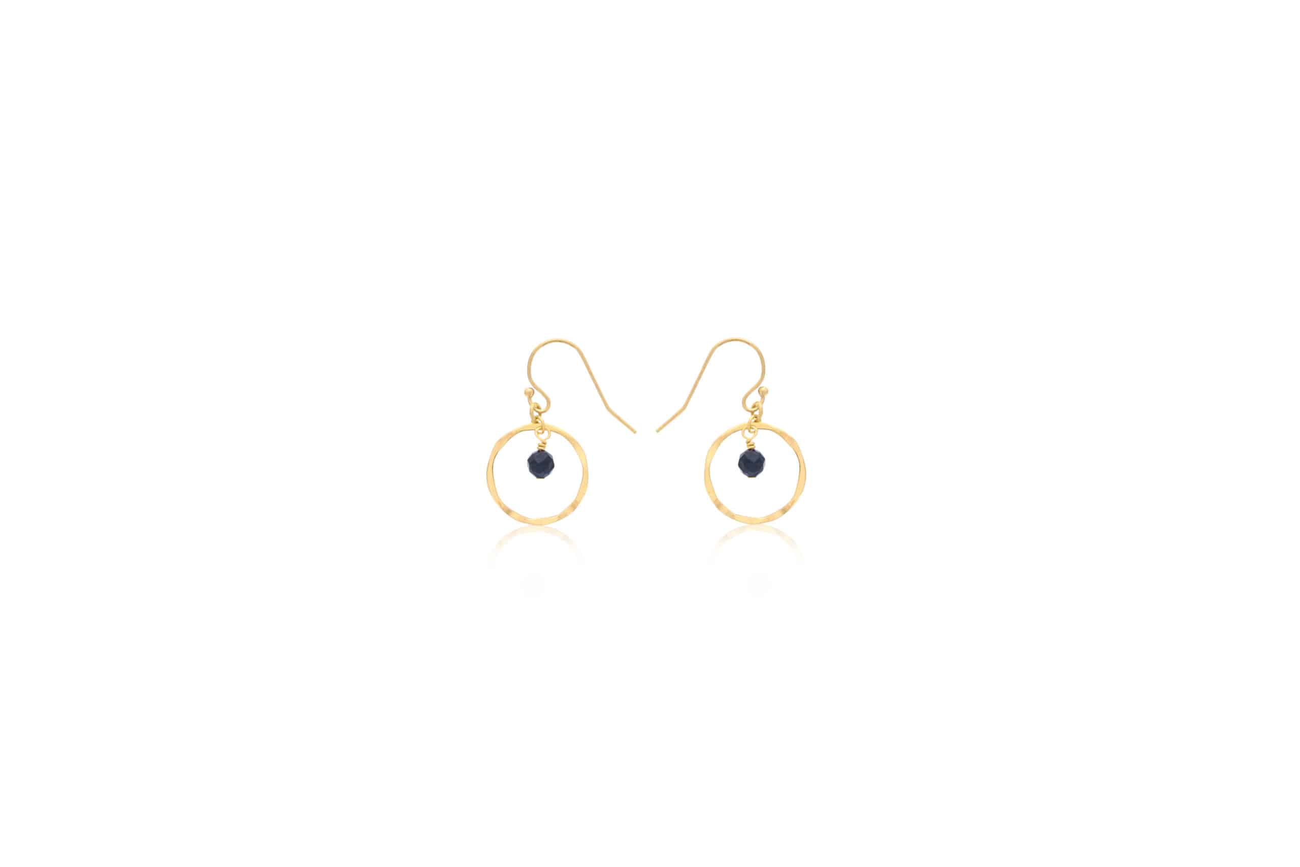 DEE DERKLEY GOLD FILLED HAMMERED HOOP EARRINGS ON WIRES WITH FACETED SAPPHIRE DROP
