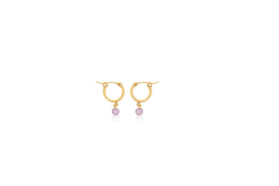 DEE BERKLEY GOLD FILLED SMALL CHUNKY HOOPS WITH PINK TTOPAZ GEMSTONE DROPS