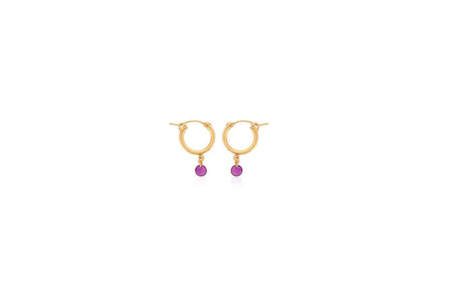 DEE BERKLEY GOLD FILLED SMALL CHUNKY HOOPS WITH RUBY GEMSTONE DROPS