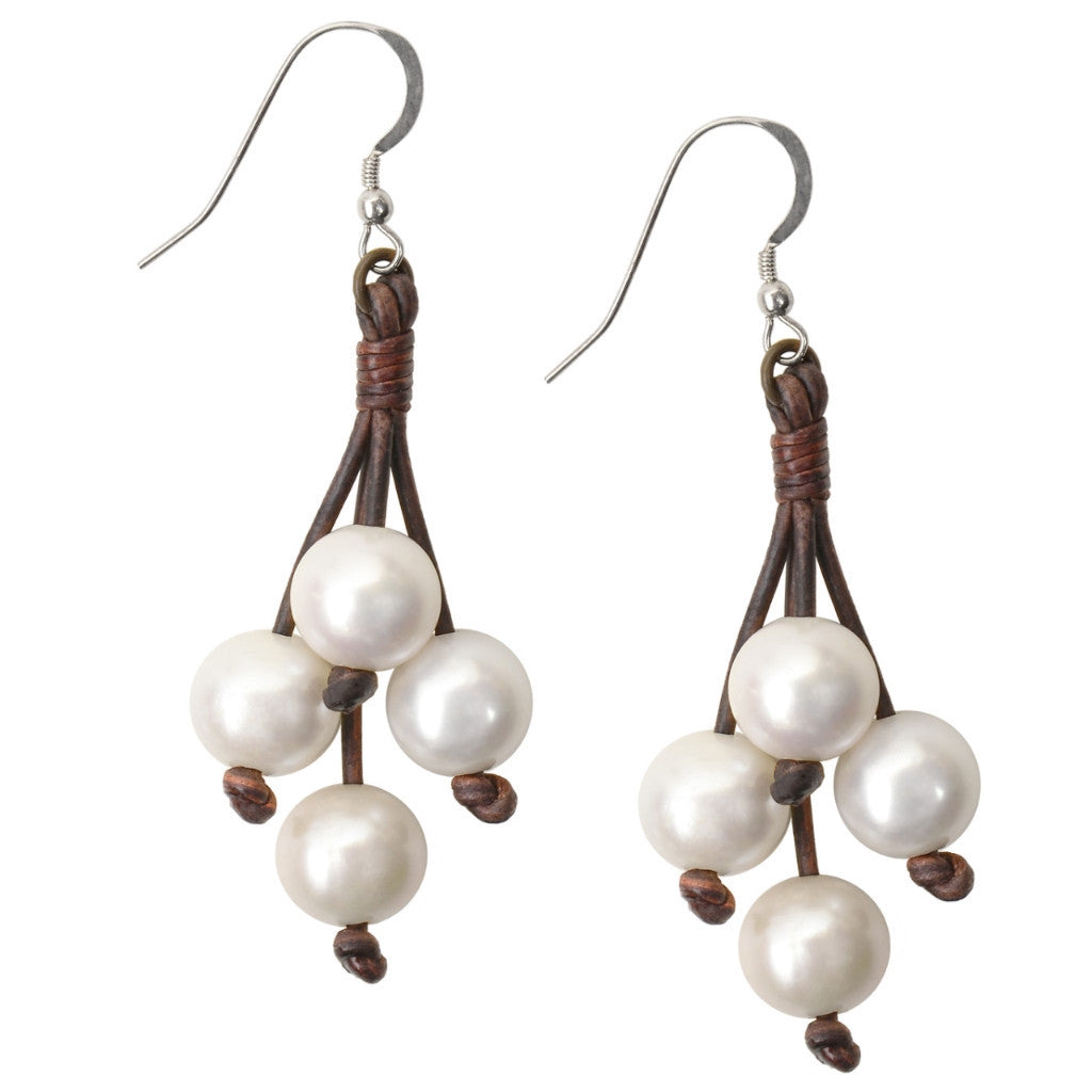 VINCENT PEACH BOHO TASSEL EARRINGS WITH EIGHT FRESHWATER PEARLS ON PREMIUM LEATHER WITH STERLING SILVER WIRES