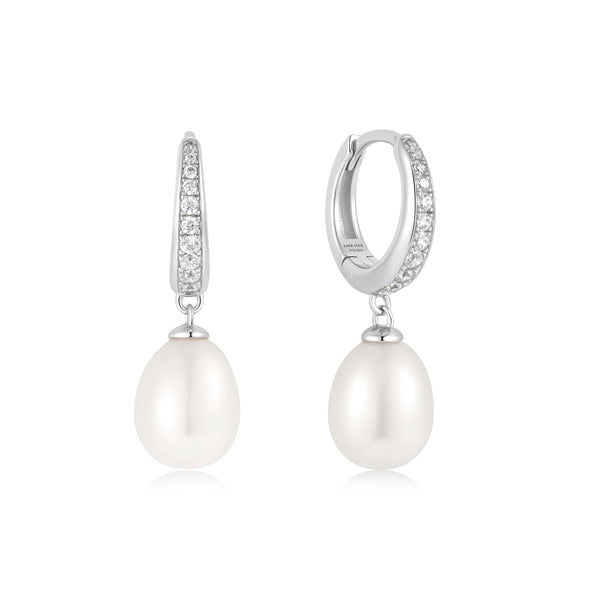 ANIA HAIE STERLING SILVER FRESHWATER PEARL AND WHITE CUBIC ZIRCONIA PAVE DROP EARRINGS