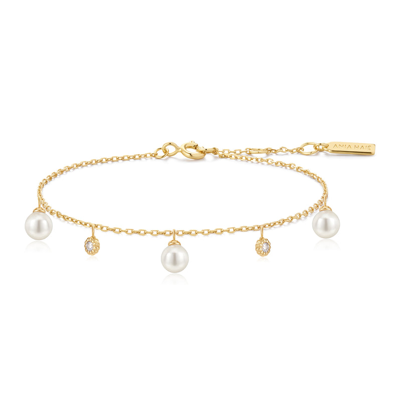 ANIA HAIE 14K GOLD PLATED ON STERLING SILVER GOLD SHELL PEARL & SPARKLE DROP STATION BRACELET