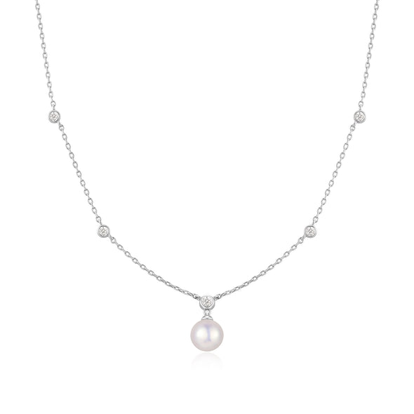 ANIA HAIE STERLING SILVER BEZEL SET STATION NECKLACE WITH PEARL SHELL DROP
