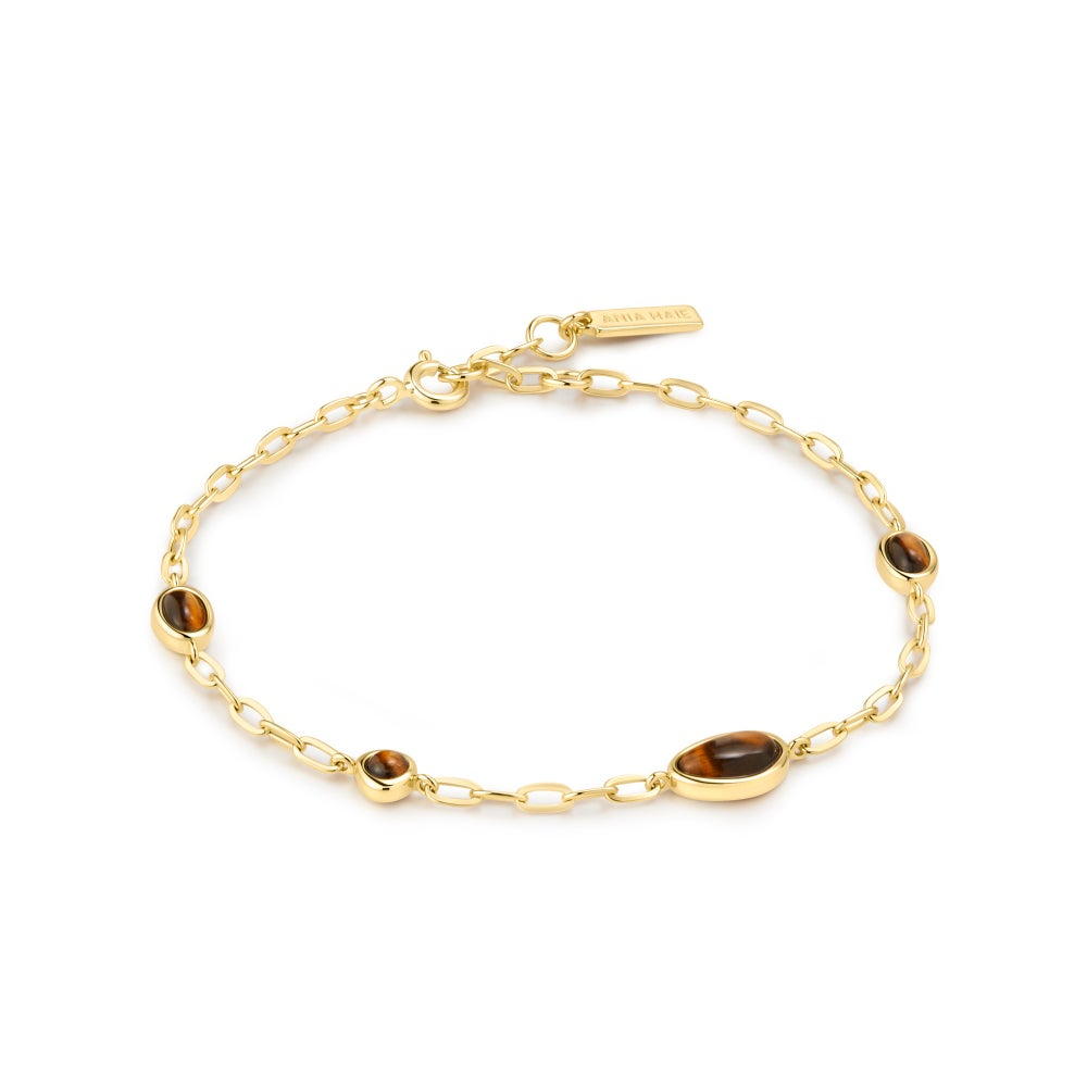 ANIA HAIE 14K GOLD PLATED ON STERLING SILVER GOLD BEZEL TIGERS EYE ORGANIC DOME PEBBLE STATION BRACELET