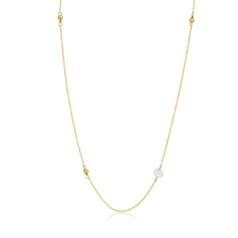 DEE BERKLEY 19" GOLD FILLED NECKLACE WITH FIVE 3MM GOLD FILLED BEADS WITH ONE ROUND WHITE TOPAZ GEMSTONE