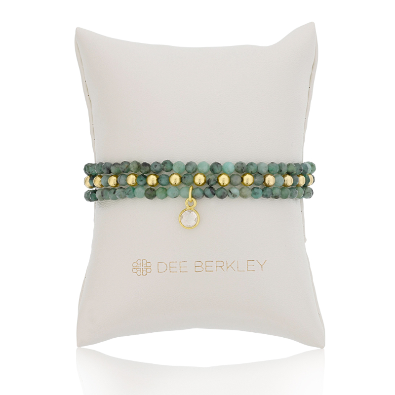 DEE BERKLEY - SET OF THREE: 4MM FACETED EMERALD WITH GOLD FILLED FINISHING BEADS, 4MM FACETED EMERALD & GOLD FILLED 1X1 & 4MM FACETED EMERALD WITH GOLD PLATED SILVER CLEAR QUARTZ BEZEL CHARM