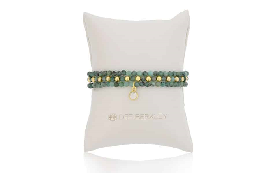 DEE BERKLEY - SET OF THREE: 4MM FACETED EMERALD WITH GOLD FILLED FINISHING BEADS, 4MM FACETED EMERALD & GOLD FILLED 1X1 & 4MM FACETED EMERALD WITH GOLD PLATED SILVER CLEAR QUARTZ BEZEL CHARM