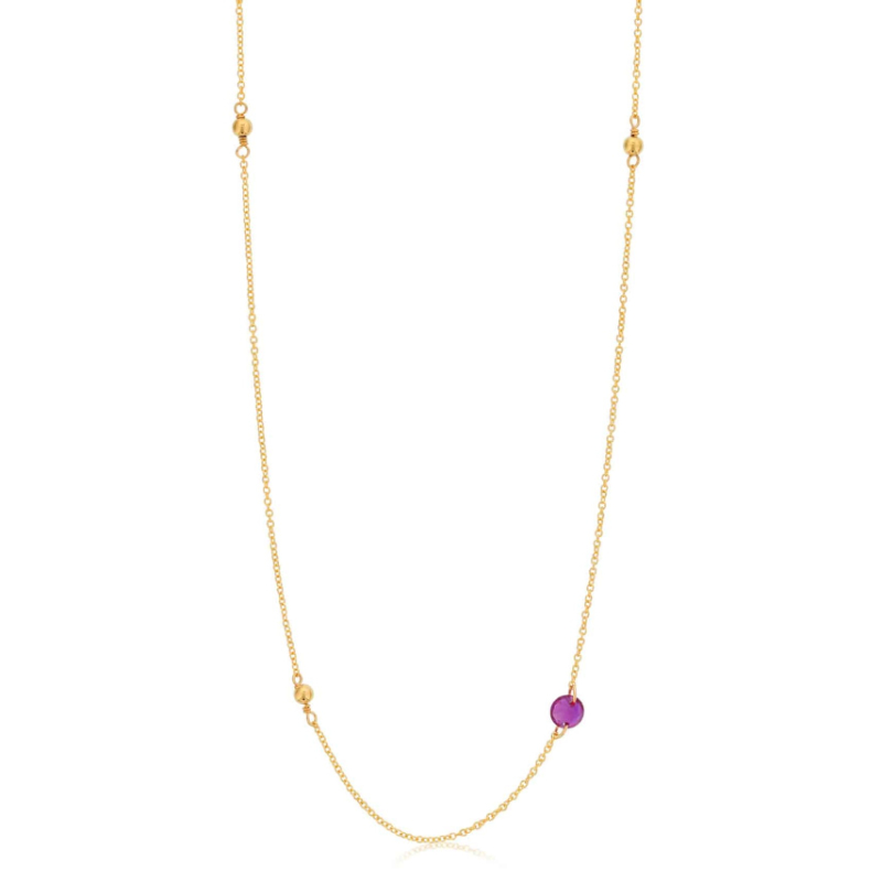 DEE BERKLEY 19" GOLD FILLED NECKLACE WITH FIVE 3MM GOLD FILLED BEADS WITH ONE ROUND RUBY GEMSTONE