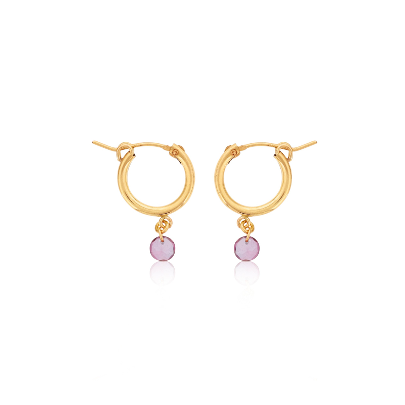 DEE BERKLEY GOLD FILLED SMALL CHUNKY HOOPS WITH PINK TTOPAZ GEMSTONE DROPS