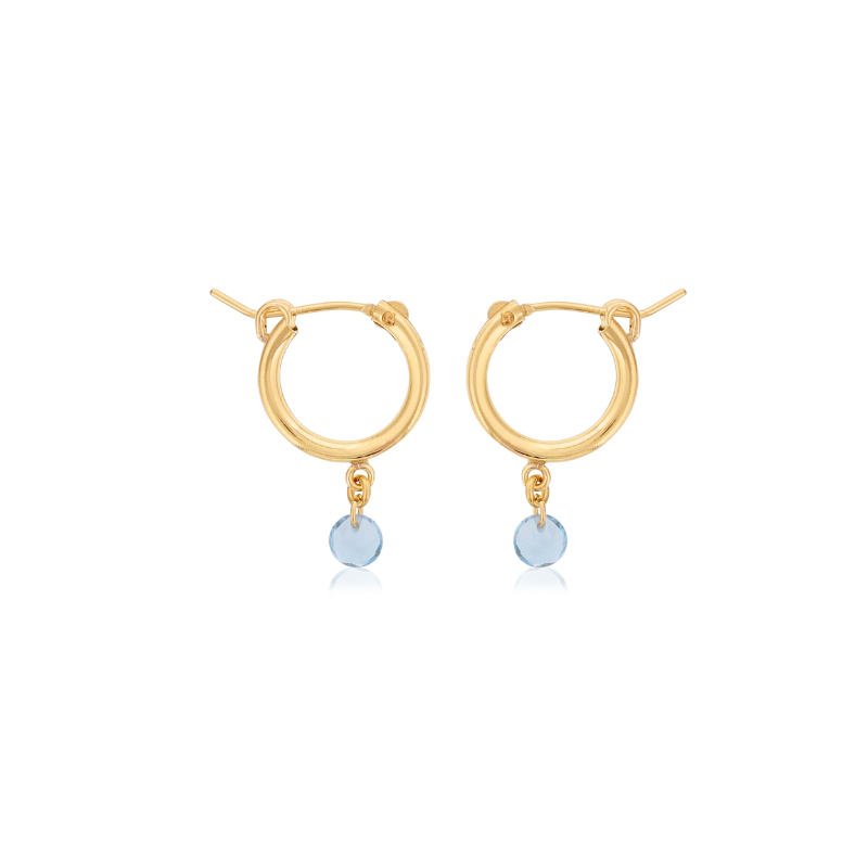 DEE BERKLEY GOLD FILLED SMALL CHUNKY HOOPS WITH BLUE TOPAZ GEMSTONE DROPS
