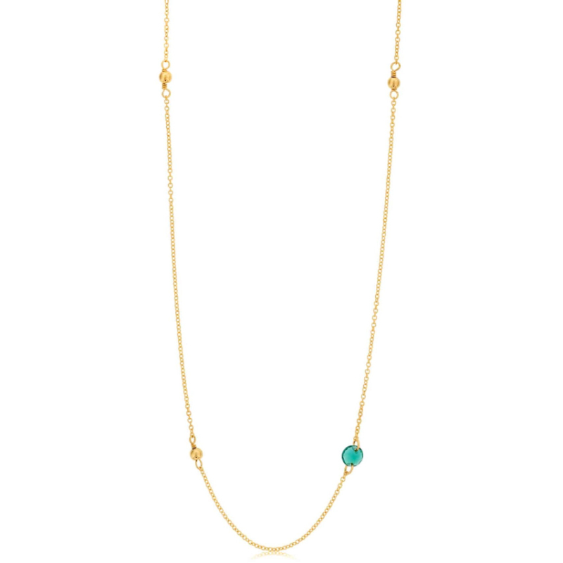 DEE BERKLEY 18" GOLD FILLED NECKLACE WITH THREE 3MM GOLD FILLED BEADS WITH ONE ROUND EMERALD GEMSTONE IN THE CENTER