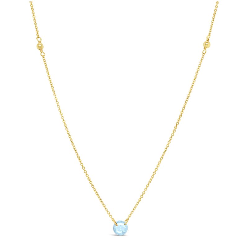 DEE BERKLEY 19" GOLD FILLED NECKLACE WITH TWO 3MM GOLD FILLED BEADS WITH ONE ROUND AQUAMARINE BRIOLETTE