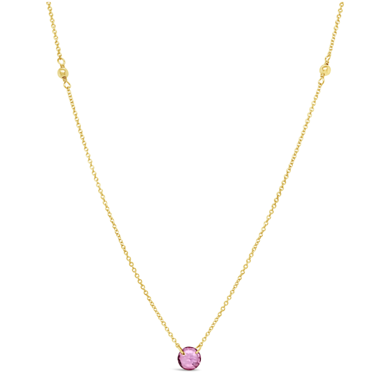 DEE BERKLEY 19" GOLD FILLED NECKLACE WITH TWO 3MM GOLD FILLED BEADS WITH ONE ROUND PINK TOPAZ BRIOLETTE