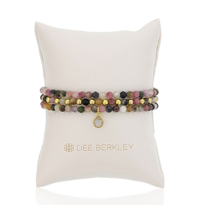 DEE BERKLEY - SET OF THREE: 4MM FACETED TOURMALINE WITH GOLD FILLED FINISHING BEADS, 4MM FACETED TOURMALINE & GOLD FILLED 1X1 & 4MM FACETED TOURMALINE WITH GOLD PLATED SILVER CLEAR QUARTZ BEZEL CHARM