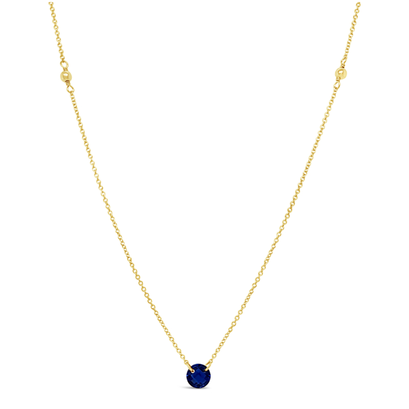 DEE BERKLEY 19" GOLD FILLED NECKLACE WITH THREE 3MM GOLD FILLED BEADS WITH ONE ROUND SAPPHIRE GEMSTONE