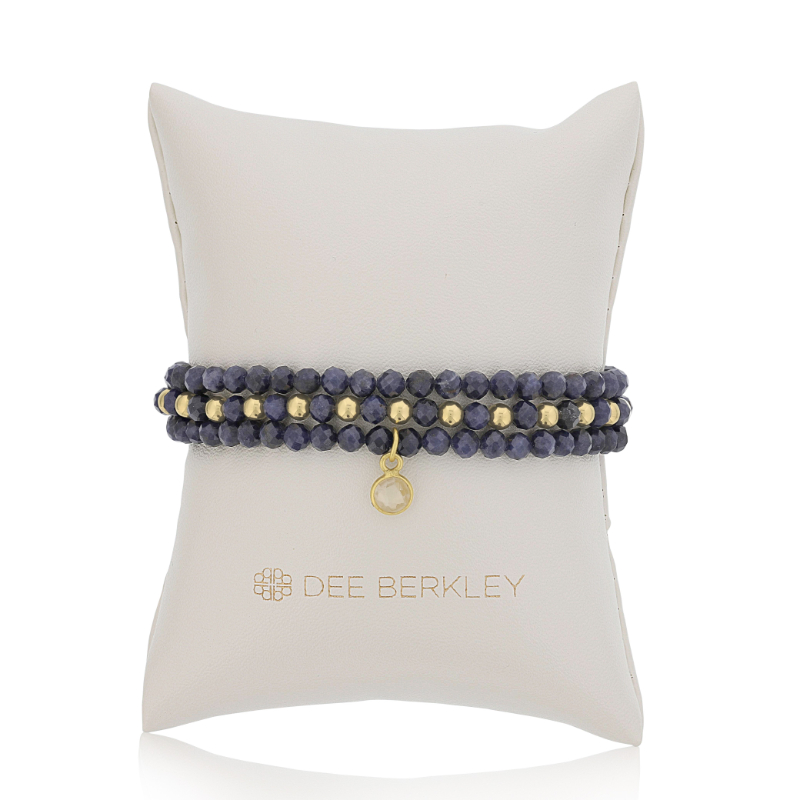 DEE BERKLEY - SET OF THREE: 4MM FACETED SAPPHIRE WITH GOLD FILLED FINISHING BEADS, 4MM FACETED SAPPHIRE & GOLD FILLED 1X1 & 4MM FACETED SAPPHIRE WITH GOLD PLATED SILVER CLEAR QUARTZ BEZEL CHARM
