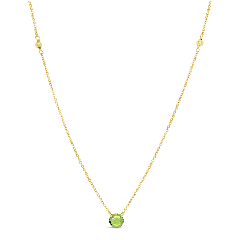 DEE BERKLEY 19" GOLD FILLED NECKLACE WITH THREE 3MM GOLD FILLED BEADS WITH ONE ROUND PERIDOT GEMSTONE