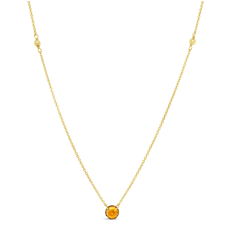 DEE BERKLEY 19" GOLD FILLED NECKLACE WITH THREE 3MM GOLD FILLED BEADS WITH ONE ROUND CITRINE GEMSTONE