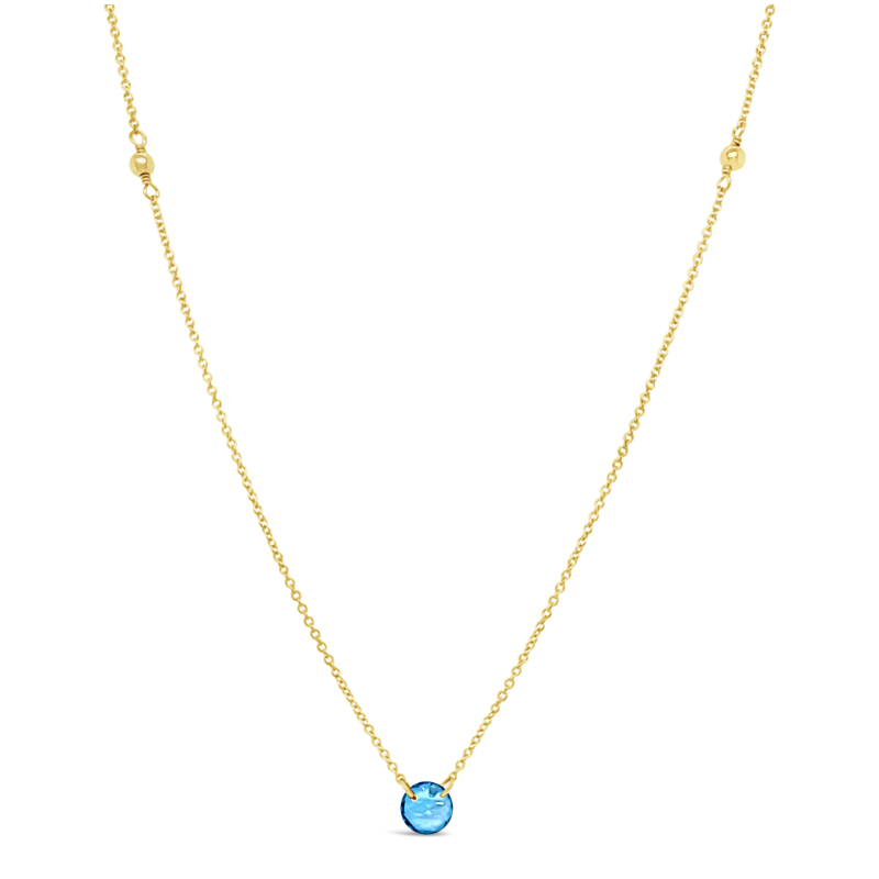 DEE BERKLEY 19" GOLD FILLED NECKLACE WITH THREE 3MM GOLD FILLED BEADS WITH ONE ROUND BLUE TOPAZ GEMSTONE