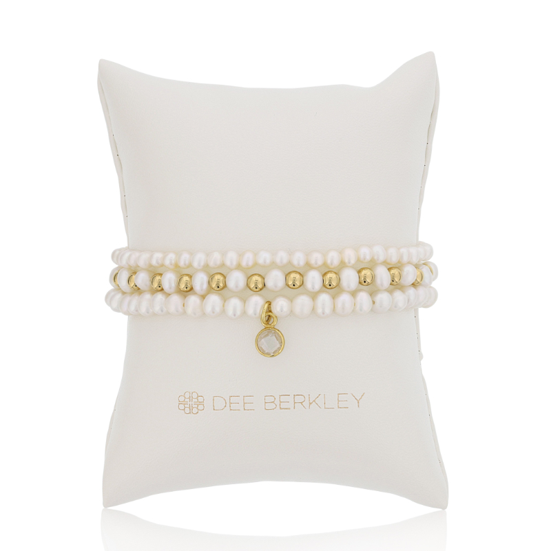 DEE BERKLEY - SET OF THREE: 4MM FACETED PEARL WITH GOLD FILLED FINISHING BEADS, 4MM FACETED PEARL & GOLD FILLED 1X1 & 4MM FACETED PEARL WITH GOLD PLATED SILVER CLEAR QUARTZ BEZEL CHARM