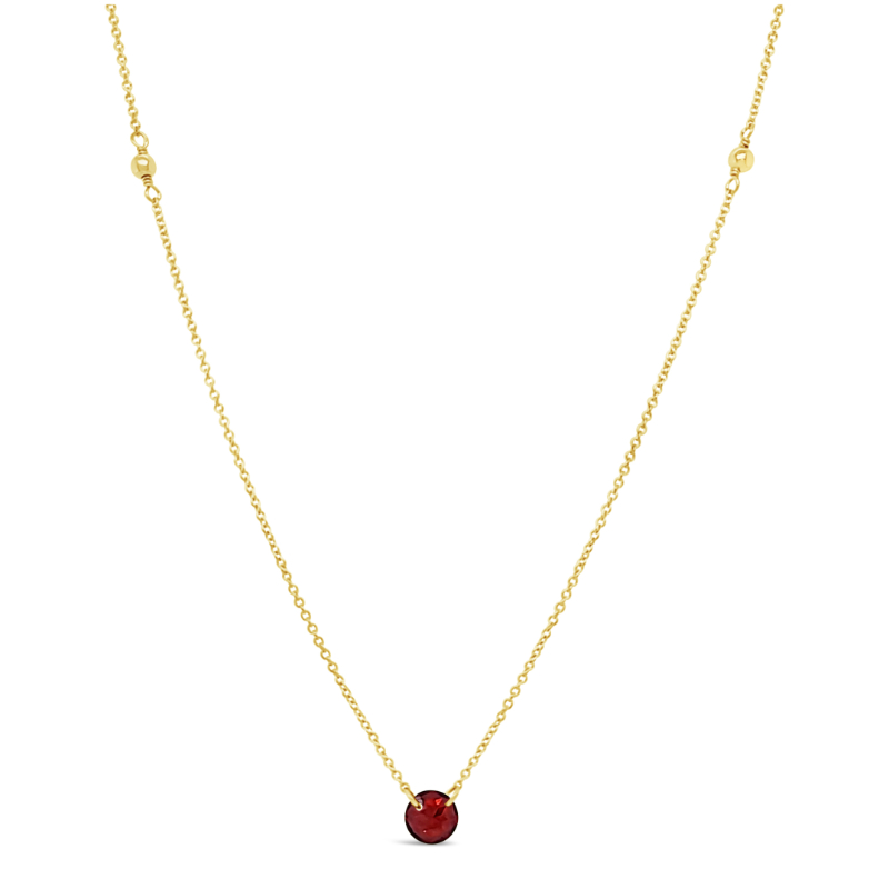 DEE BERKLEY 19" GOLD FILLED NECKLACE WITH TWO 3MM GOLD FILLED BEADS WITH ONE ROUND GARNET BRIOLETTE