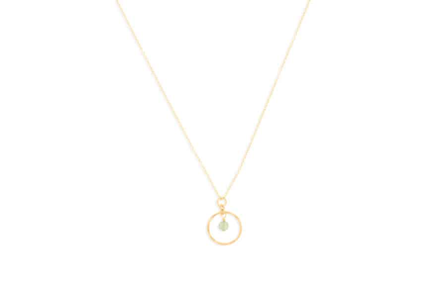 DEE DERKLEY 16-18" GOLD FILLED CABLE CHAIN WITH A HAMMERED HOOP PENDANT WITH A FACETED PERIDOT