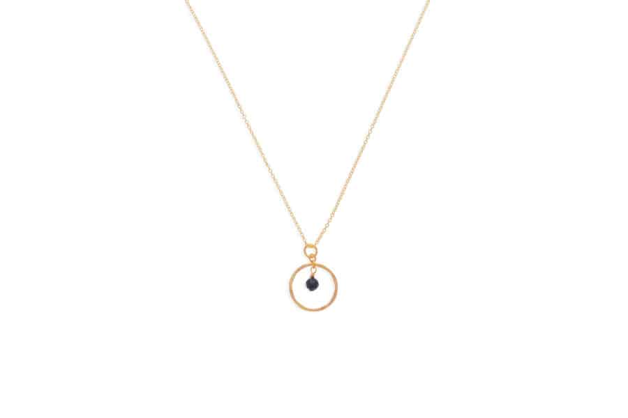 DEE DERKLEY 16-18" GOLD FILLED CABLE CHAIN WITH A HAMMERED HOOP PENDANT WITH A FACETED SAPPHIRE