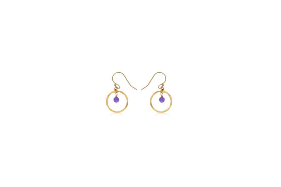 DEE DERKLEY GOLD FILLED HAMMERED HOOP EARRINGS ON WIRES WITH FACETED AMETHYST DROP