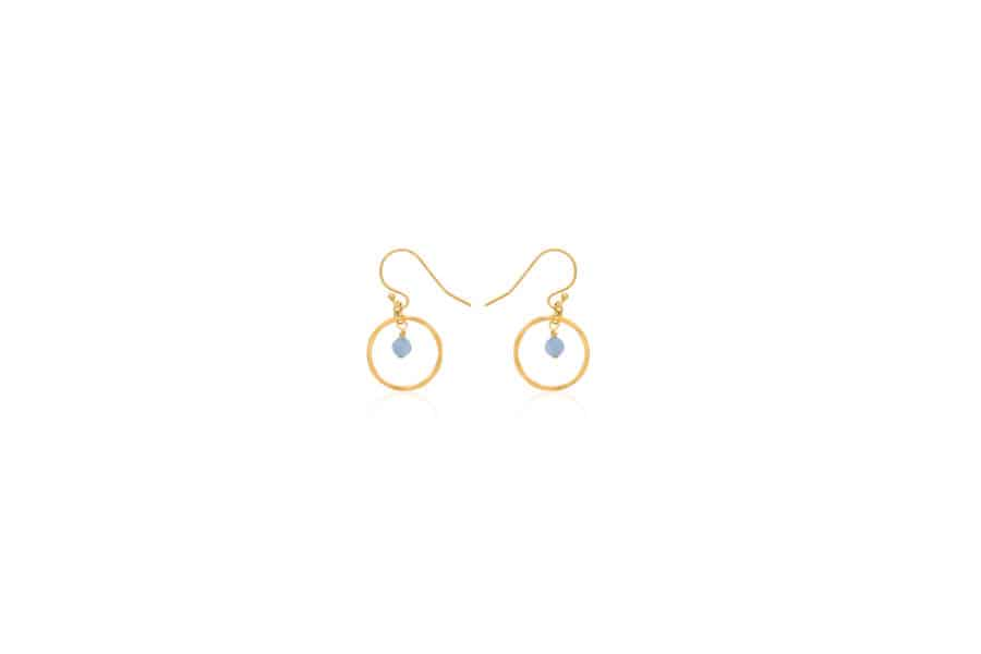 DEE DERKLEY GOLD FILLED HAMMERED HOOP EARRINGS ON WIRES WITH FACETED AQUAMARINE DROP