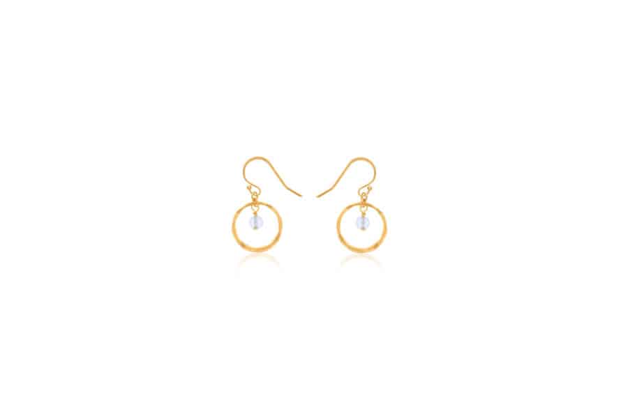 DEE DERKLEY GOLD FILLED HAMMERED HOOP EARRINGS ON WIRES WITH FACETED WHITE TOPAZ DROP