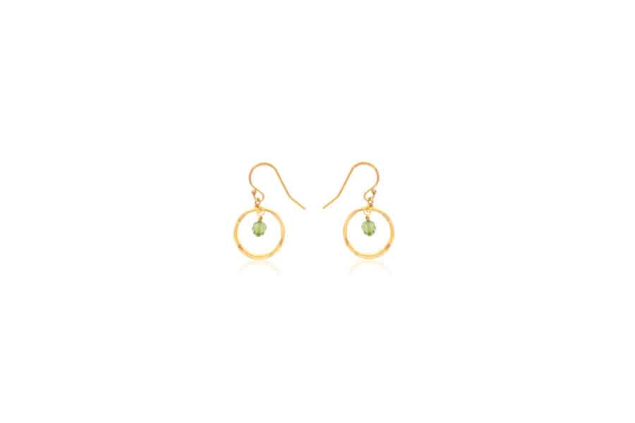 DEE DERKLEY GOLD FILLED HAMMERED HOOP EARRINGS ON WIRES WITH FACETED PERIDOT DROP