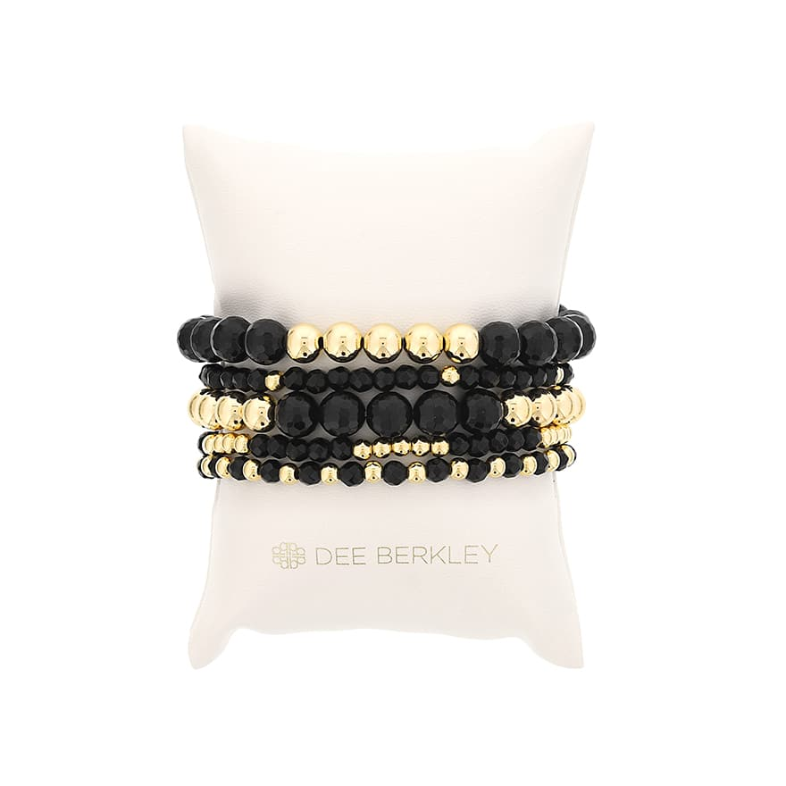DEE BERKLEY THE FAVORITE STACK OF FIVE STRETCH BRACELETS WITH FACETED BLACK AGATE AND GOLD FILLED BEADS