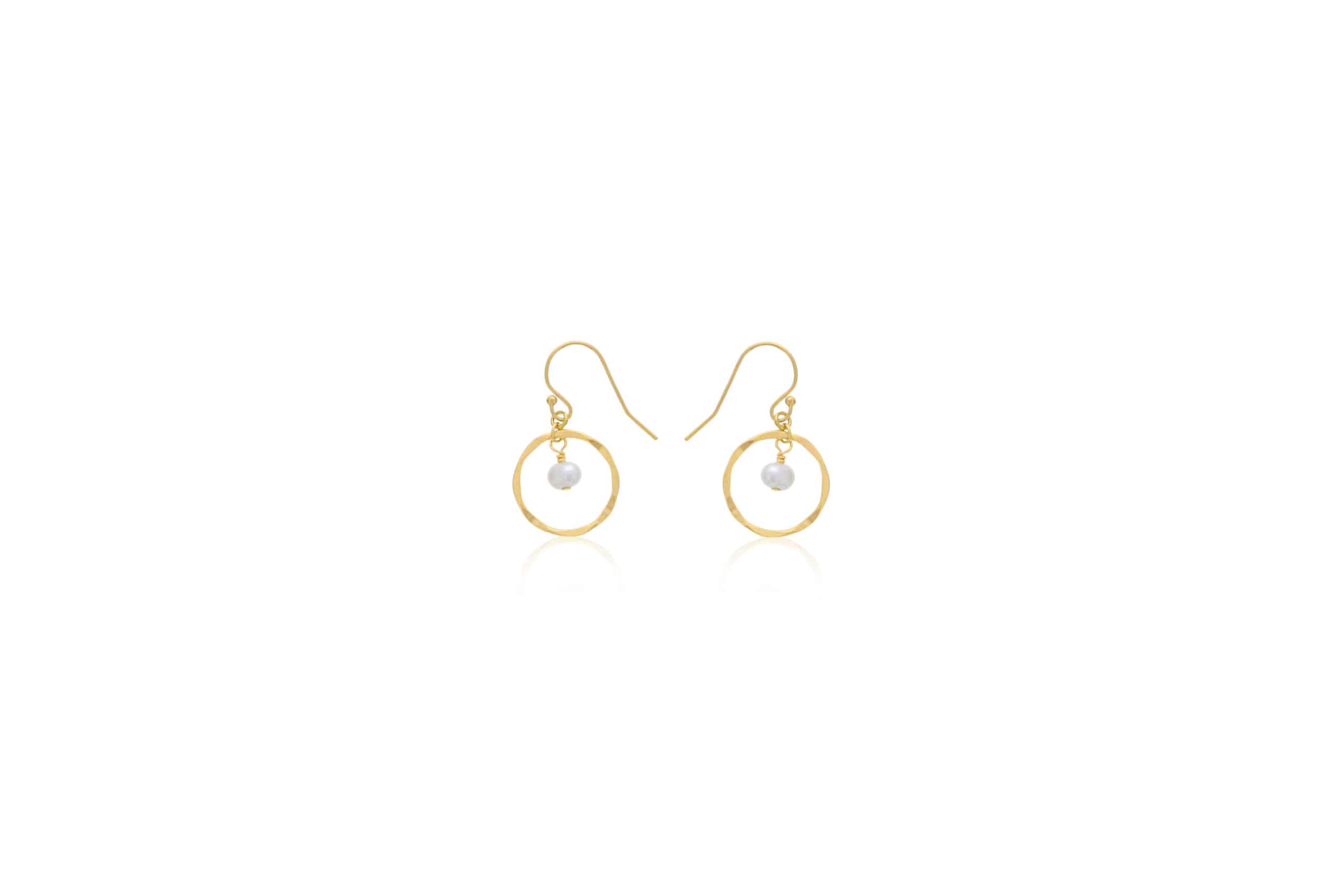 DEE DERKLEY GOLD FILLED HAMMERED HOOP EARRINGS ON WIRES WITH PEARL DROP