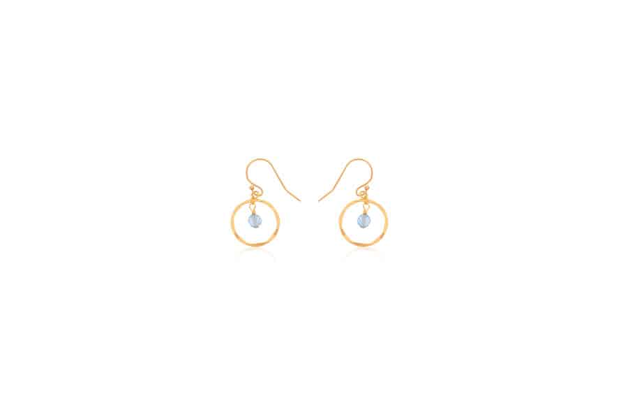 DEE DERKLEY GOLD FILLED HAMMERED HOOP EARRINGS ON WIRES WITH FACETED BLUE TOPAZ DROP