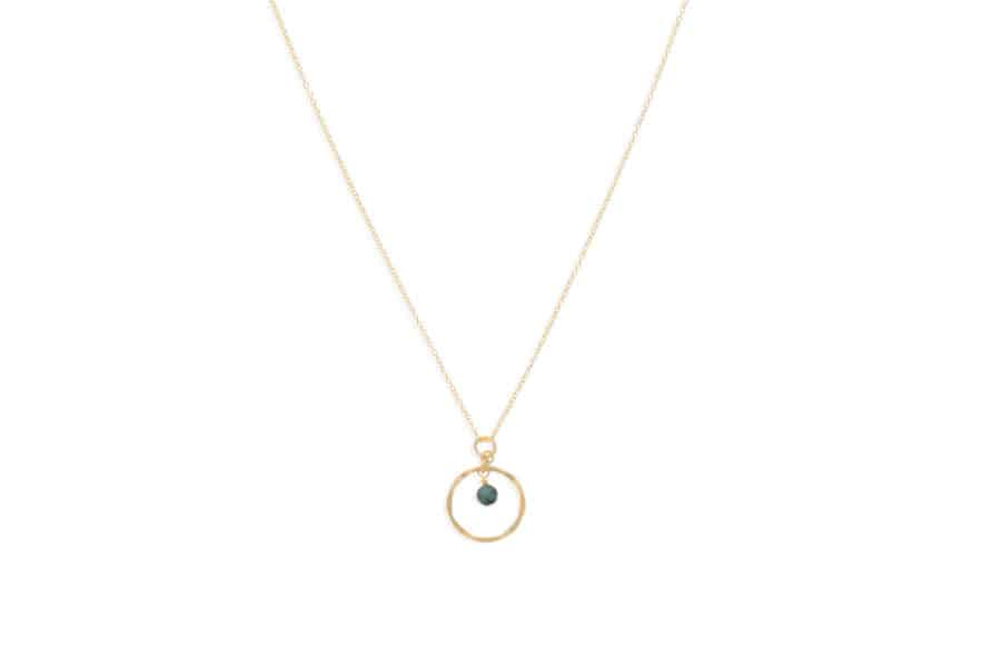 DEE DERKLEY 16-18" GOLD FILLED CABLE CHAIN WITH A HAMMERED HOOP PENDANT WITH A FACETED EMERALD