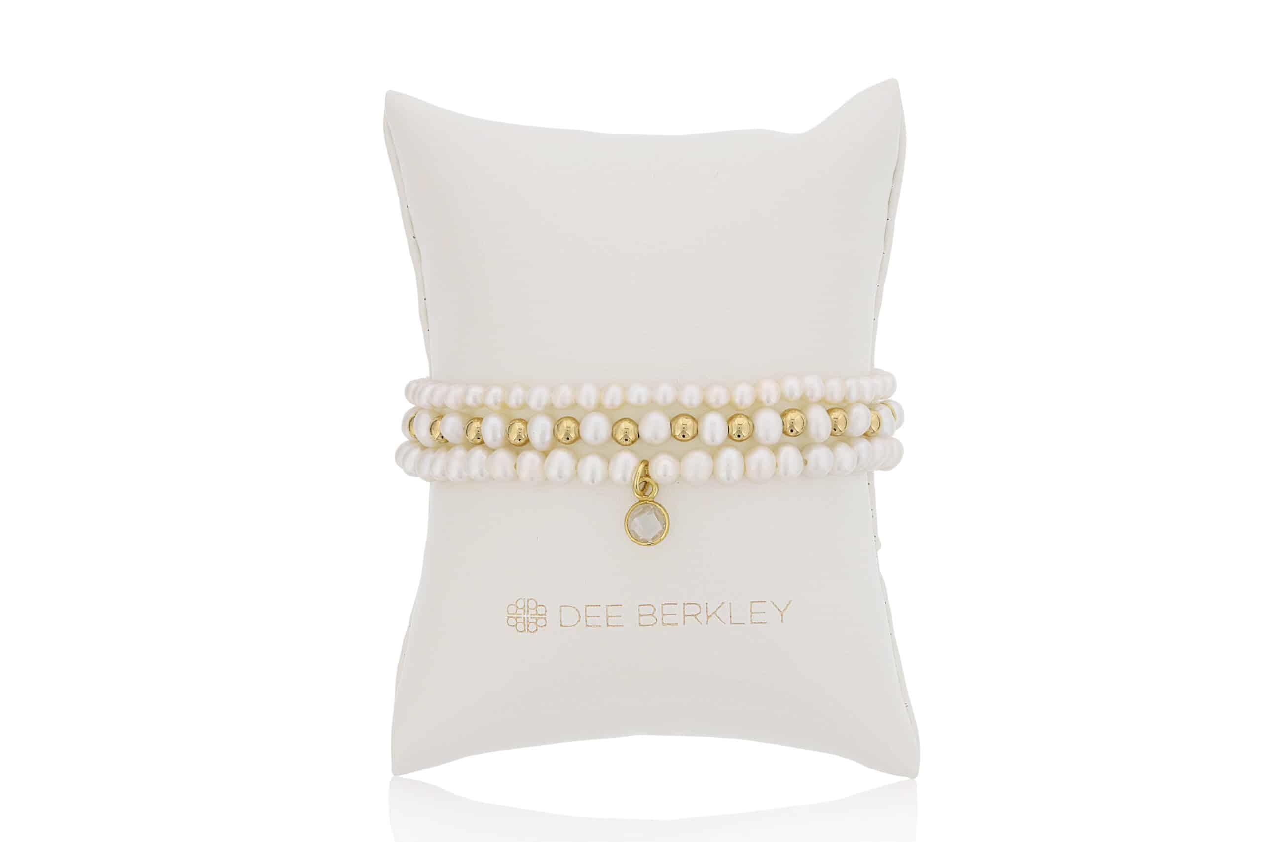 DEE BERKLEY - SET OF THREE: 4MM FACETED PEARL WITH GOLD FILLED FINISHING BEADS, 4MM FACETED PEARL & GOLD FILLED 1X1 & 4MM FACETED PEARL WITH GOLD PLATED SILVER CLEAR QUARTZ BEZEL CHARM