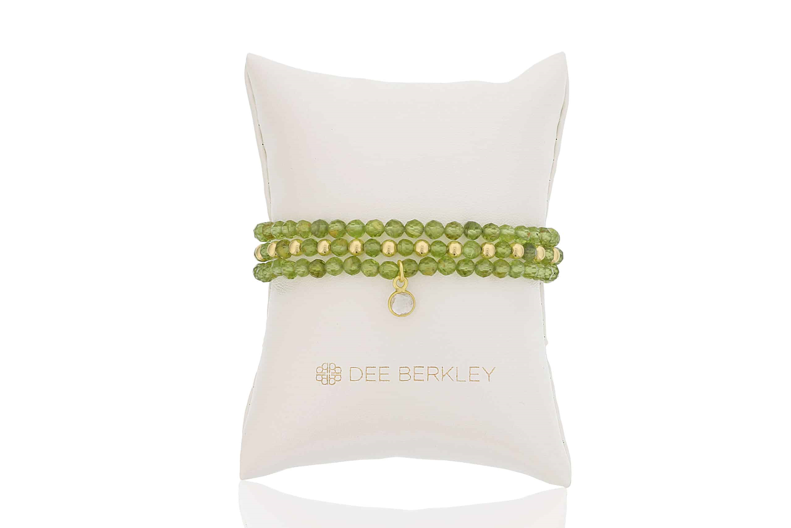 DEE BERKLEY - SET OF THREE: 4MM FACETED PERIDOT WITH GOLD FILLED FINISHING BEADS, 4MM FACETED PERIDOT & GOLD FILLED 1X1 & 4MM FACETED PERIDOT WITH GOLD PLATED SILVER CLEAR QUARTZ BEZEL CHARM