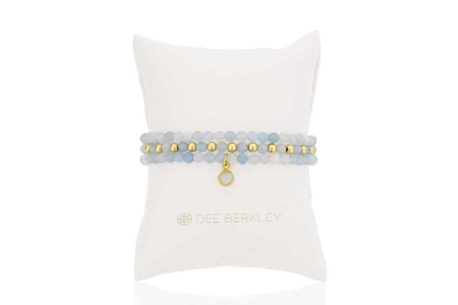 DEE BERKLEY - SET OF THREE: 4MM FACETED AQUAMARINE WITH GOLD FILLED FINISHING BEADS, 4MM FACETED AQUAMARINE & GOLD FILLED 1X1 & 4MM FACETED AQUAMARINE WITH GOLD PLATED SILVER CLEAR QUARTZ BEZEL CHARM