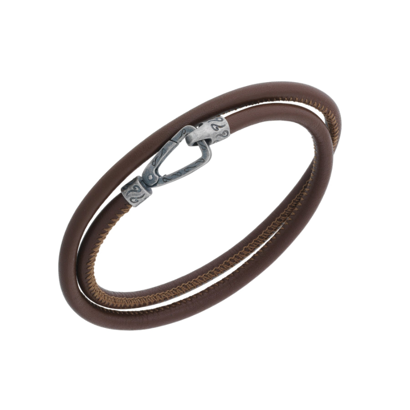 MARCO DAL MASO LASH DOUBLE WRAP LEATHER BRACELET OXIDIZED SILVER SMOOTH BROWN LEATHER (M)