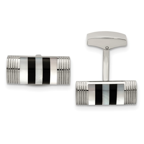STAINLESS STEEL CUFFLINKS WITH WHITE MOTHER OF PEARL AND ONYX INLAY