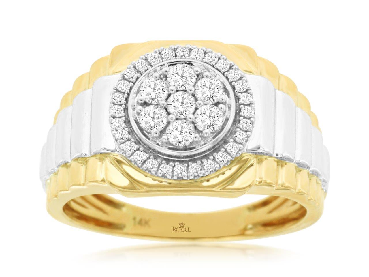 14K TWO TONE GENTS RING WITH .50CTTW ROUND I1 CLARITY & HI COLOR DIAMONDS SET IN A CENTER CLUSTER AND HALO