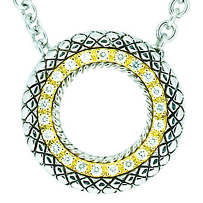 ANDREA CANDELA 18K & STERLING SILVER "RODEO" CIRCLE PENDANT WITH ROUND DIAMONDS SET INTO 14KYG ON A STERLING SILVER CURB CHAIN