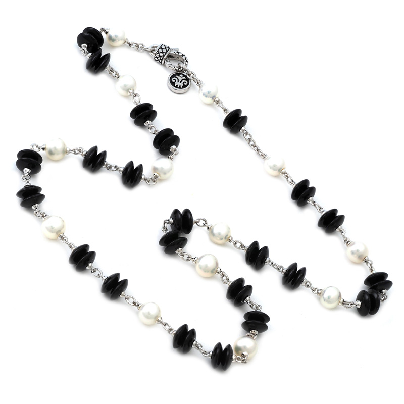 ANDREA CANDELA ONYX OLA 18" STERLING SILVER NECKLACE WITH BLACK ONYX AND WHITE PEARLS