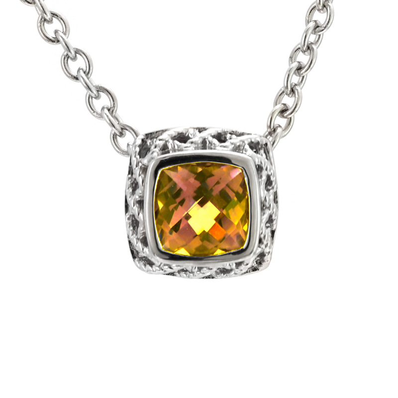 ANDREA CANDELA STERLING SILVER "RIOJA" SQUARE CITRINE PENDANT ON A 16+2" STERLING SILVER CABLE CHAIN