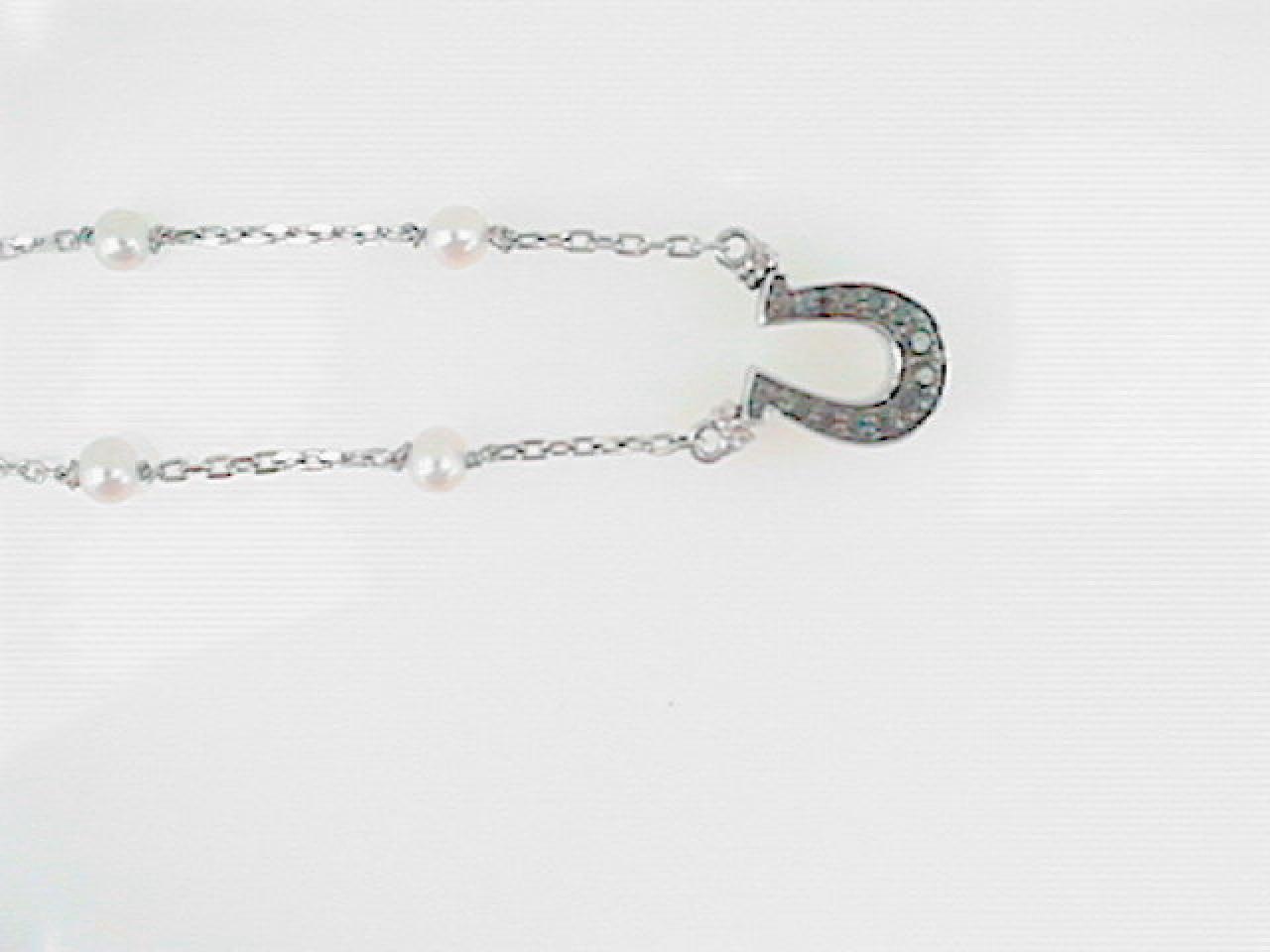 ANDREA CANDELA STERLING SILVER & 18K YELLOW GOLD HORSESHOE PENDANT WITH BLACK DIAMONDS ON A STERLING SILVER & PEARL CHAIN