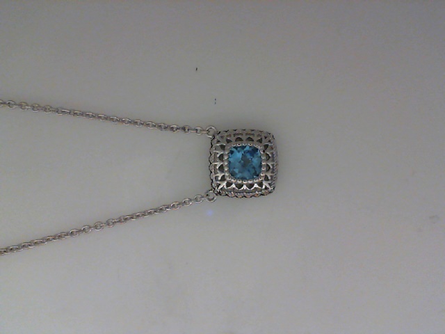 ANDREA CANDELA "FLEUR DE LIS" STERLING SILVER PENDANT WITH A SQUARE CHECKERBOARD CUT BLUE TOPAZ ON AN 18" CABLE CHAIN