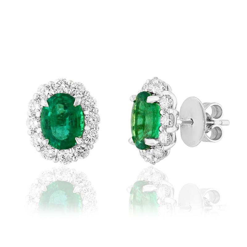 18k White Gold Emerald Diamond Medium Halo Stud Earrings