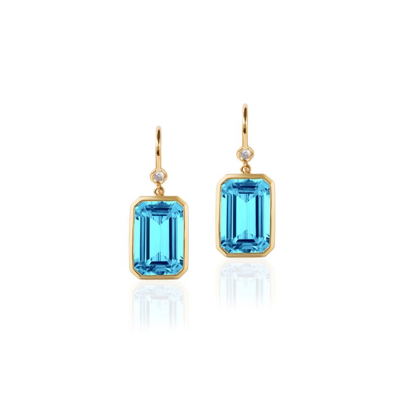 18k Yellow Gold Gossip Blue Topaz Diamond Bezel Set Emerald Cut Drop Earrings