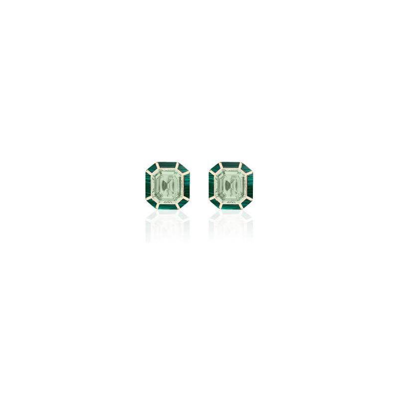 18k Yellow Gold Melange Malachite Emerlad Cut Inlay Stud Earrings