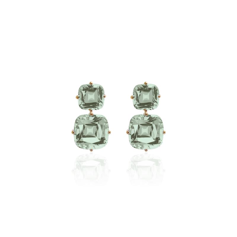 18k Yellow Gold Gossip Prasiolite Cushion Cut Double Drop Earrings